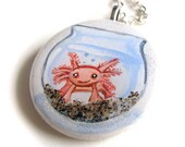 Axolotl Necklace, Art Resin Pendant, Fish Bowl Jewelry, Beach Sand, Hand Painted Pendant, Pink Salamander