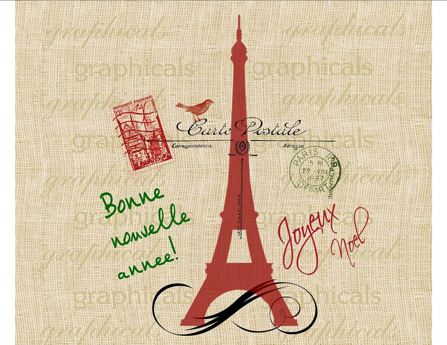 Paris Christmas Eiffel Tower Happy New Year Digital download image for iron on fabric transfer burlap decoupage tote bags pillows  No. 432