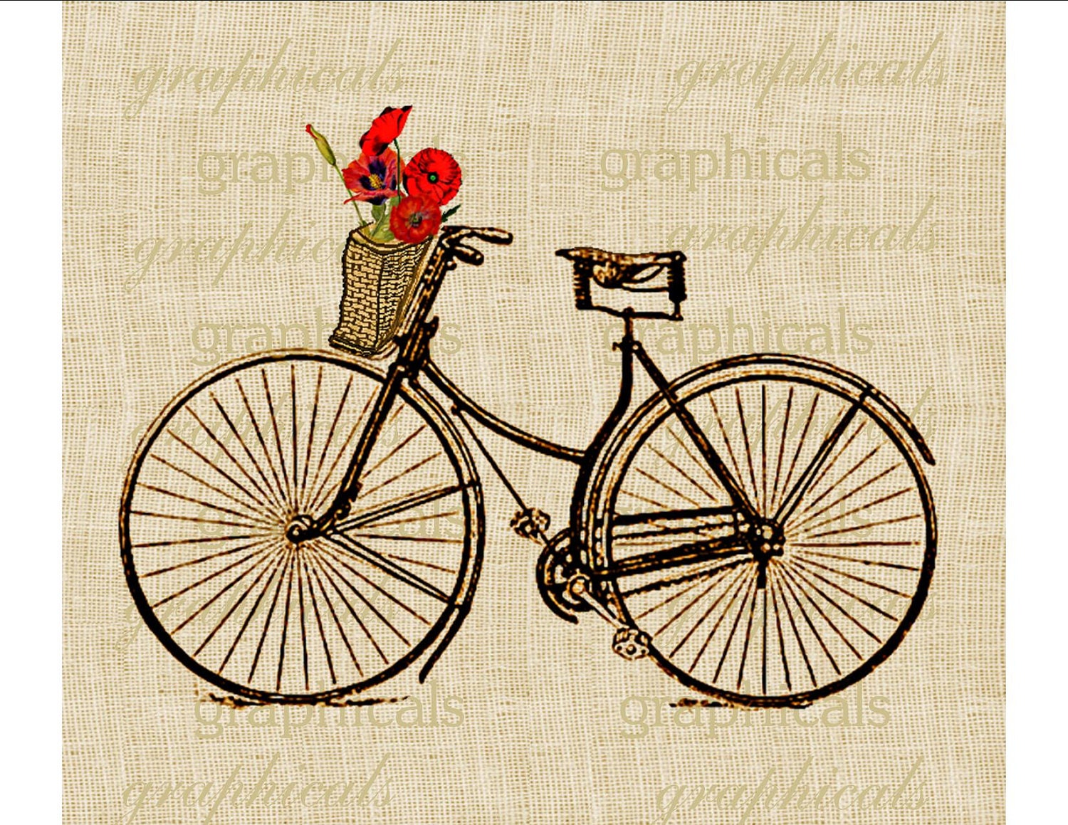 Vintage bicycle Basket Orange Poppies digital download image for transfer to fabric decoupage paper pillows burlap No. 586