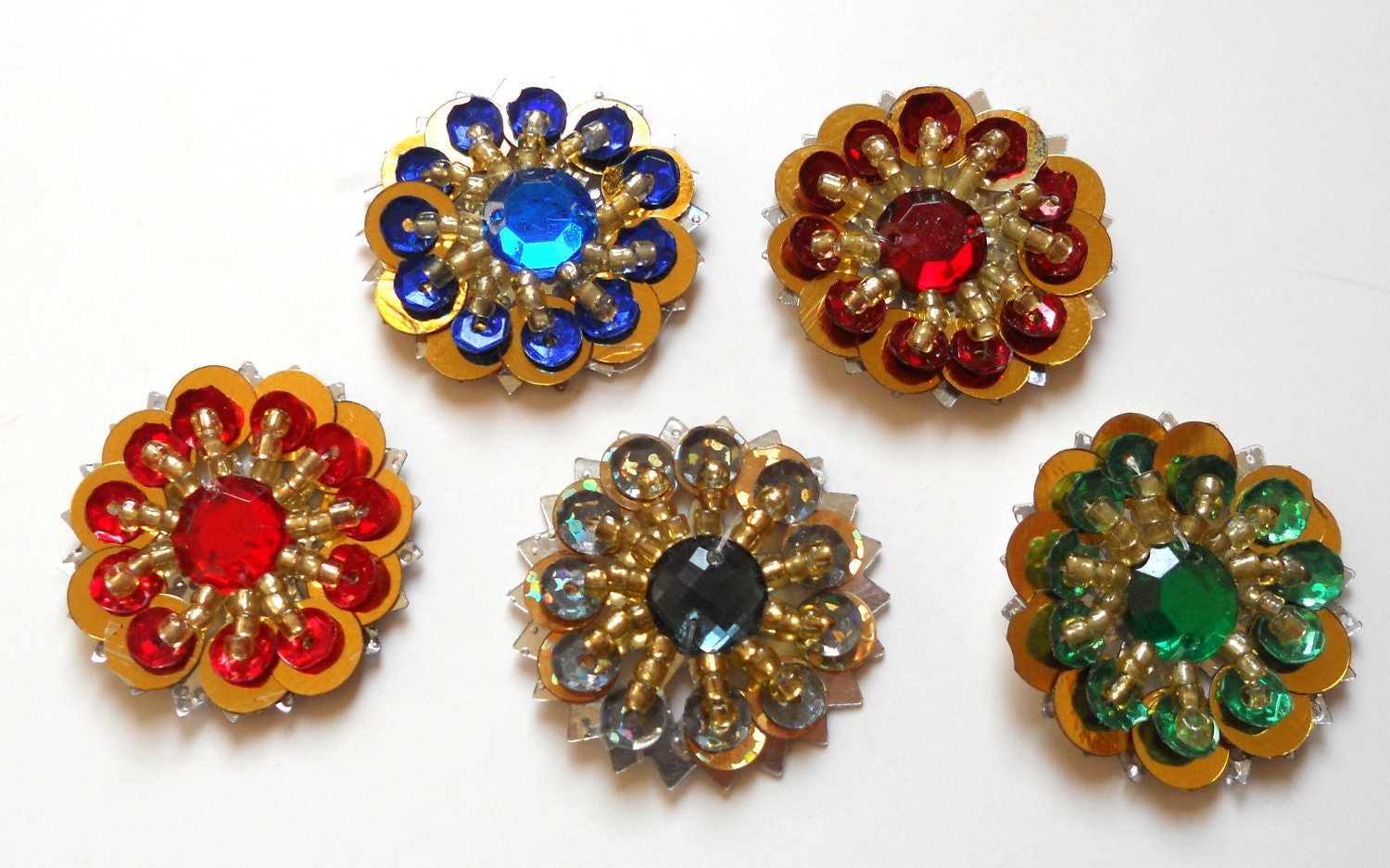 Sale- Sequin Appliques Flower with beads and gem on metallic base. Red.Maroon.Blue.Green.Grey colored Flower Sew on Appliques