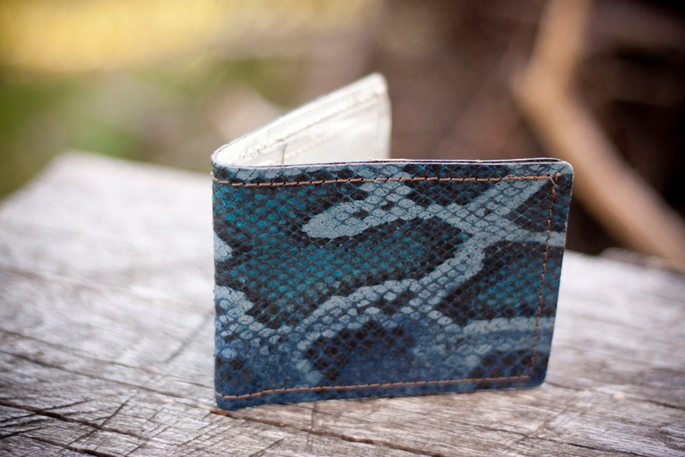 Exotic Python Print Blue Leather Handmade Billfold Wallet