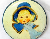 REDUCED Art Deco Candy Tin, Vintage Sweet Tin with Angelic Cute Rosy-Cheeked Child in Blue Cape, Cremona Red Boy Toffees, Signed 1920s