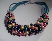 Pearl Cluster Beaded Ribbon Necklace - Teal, Pink, Peach, Purple and Yellow - Handmade Jewelry, Pearl Necklace, Gift for Her