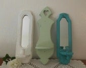 Rustic Aqua Turquoise Light Green Ivory Shabby Chic Upcycled Vintage Wood Candle Holder Set Beach Cottage Seaside Home Decor Mirror Taper