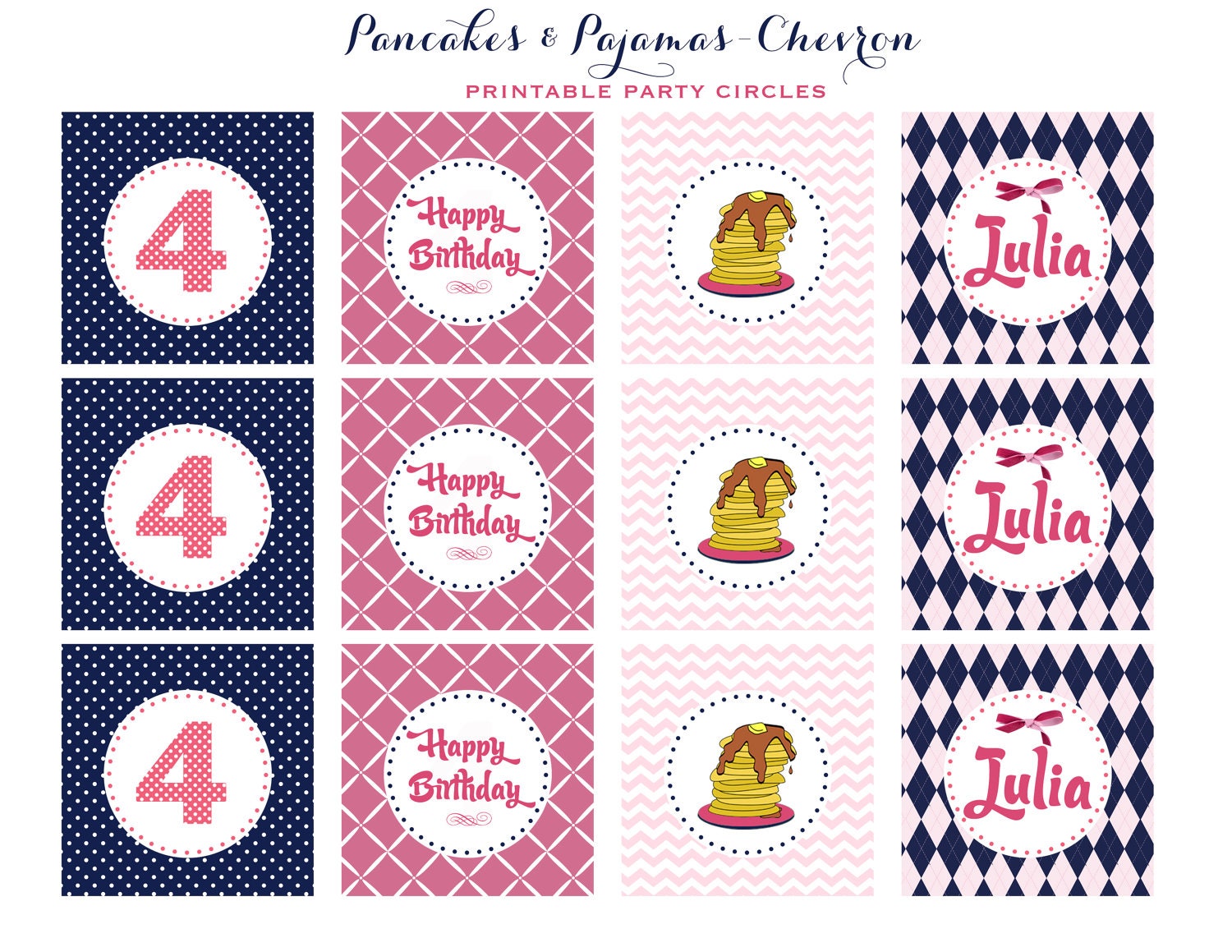 CHEVRON Pancakes & Pajamas-Printable PARTY CIRCLES- As seen on Amy Atlas Il_570xn