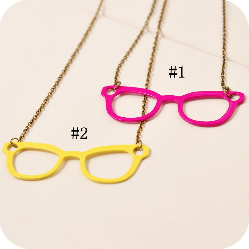 Eyeglasses Glasses Frame Neon Red/Yellow Necklace 30" Long Chain Fluorescent Metal