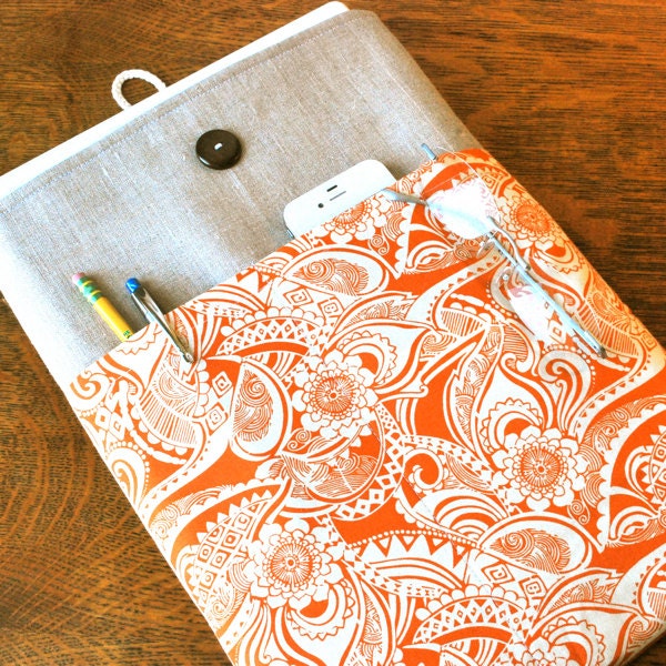 13 inch laptop Macbook Mac book Pro or Macbook Air Cover Padded Case Sleeve - Linen with Pumpkin Spice Fabric Pocket