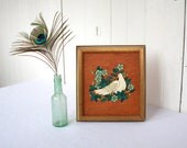 Vintage Painting on Wood, Bird Painting, Framed Original Art, Dove, Flowers, Cherry Blossoms, White, Turquoise, Gold, Wood, Peace, Boho