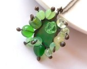 Stained glass pendant copper wire jewelry green glass beads  statement  funky