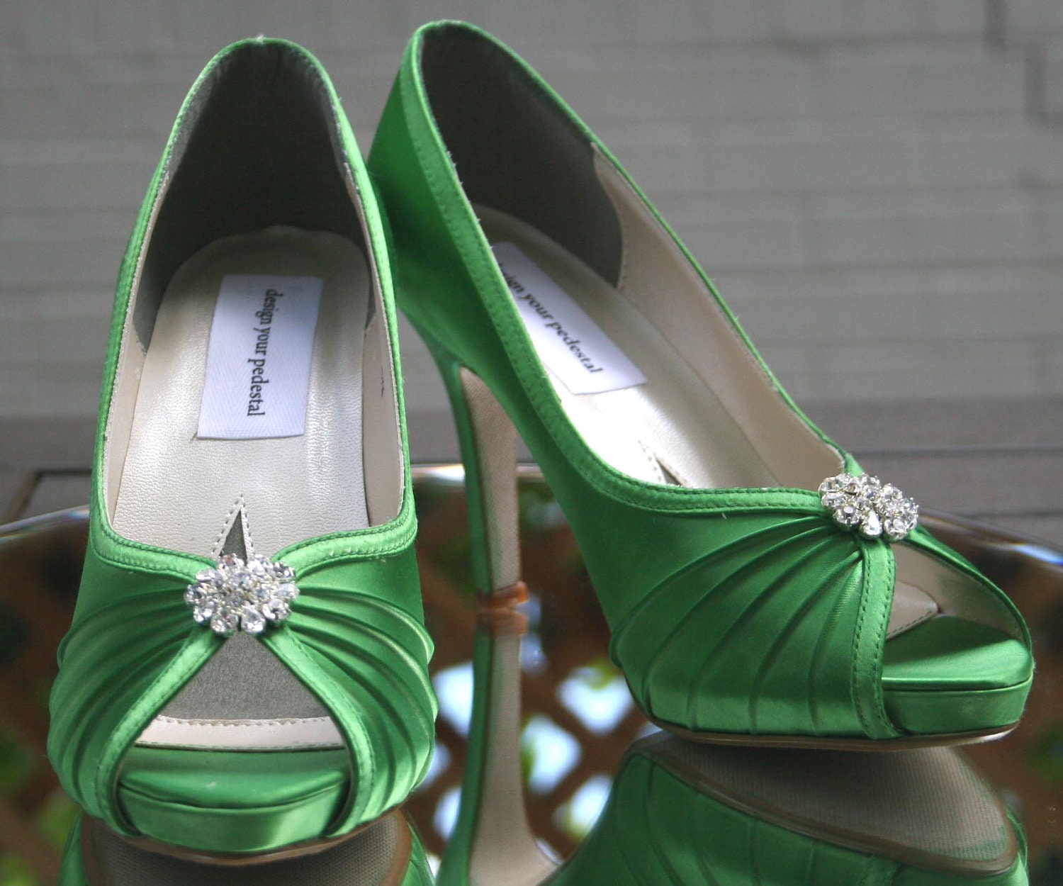 Green Wedding Shoes -- Green Platform Peeptoes with Rhinestone Adornment
