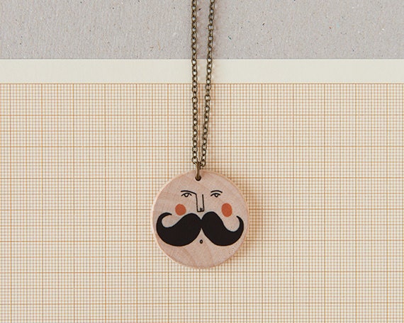 Big mustache - illustrated wooden necklace