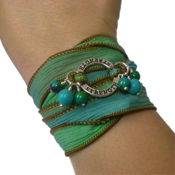 silk ribbon wrap bracelet, yoga inspired, turquoise beads, chrysocolla beads,silver affirmation ring, boho wrist wrap