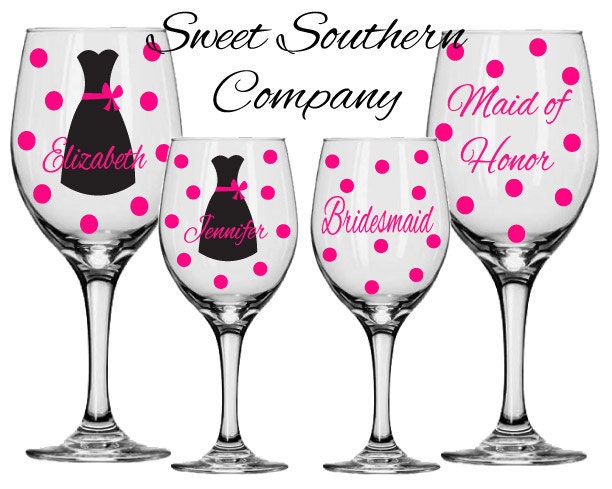6 Personalized Bridesmaid Wine Glasses with Strapless Gown