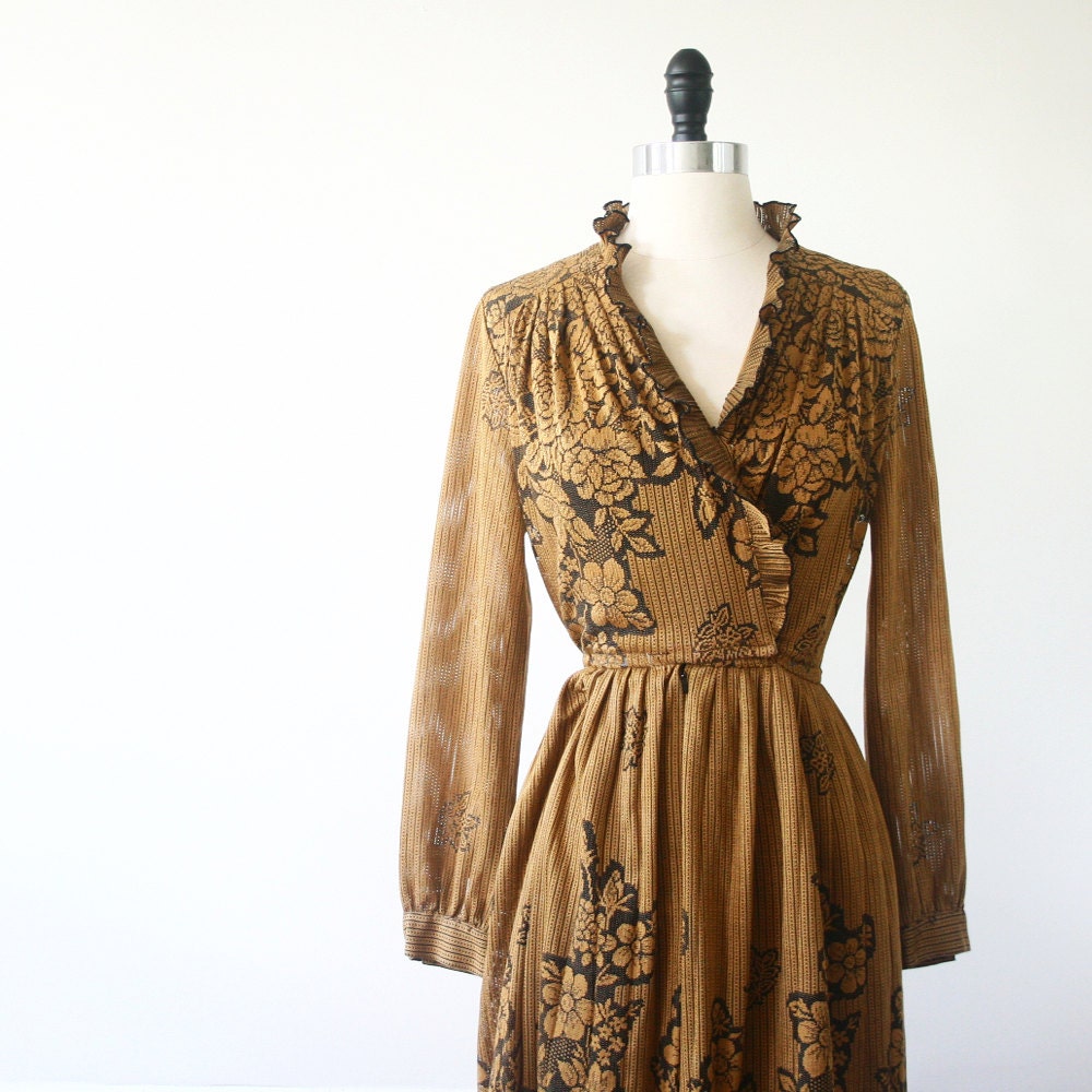 Japanese Vintage Dress Japanese Dress Mustard Dress Lace Dress Floral Pleated Dress
