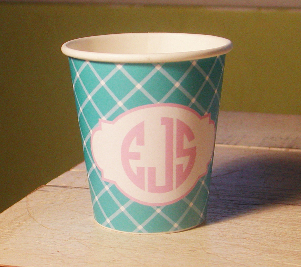 Monogrammed  Hot/Cold Criss Cross Pattern Paper Party Cups - Choose Your Color - Set of 12