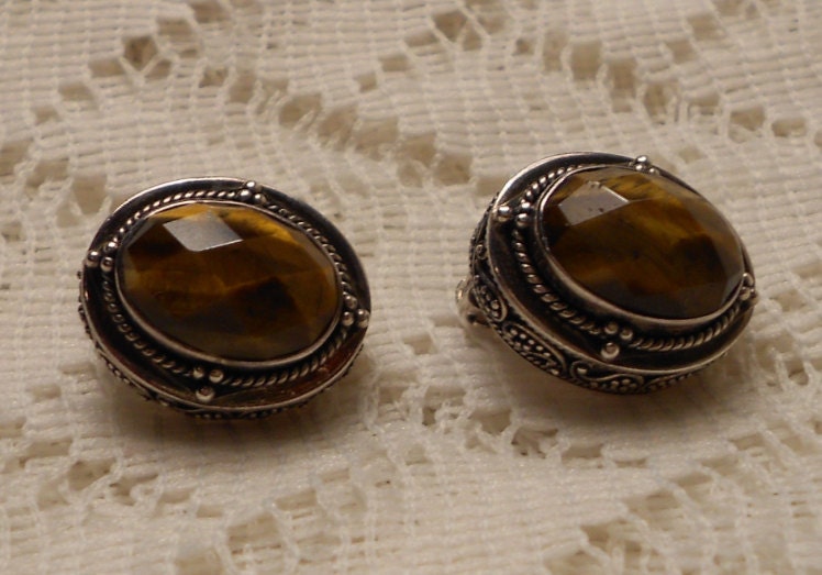 Vintage Ornate Sterling Silver Tiger Eye Earrings by Lori Bonn
