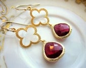 Garnet Earrings Red Gold Quatrefoil Clover - Bridesmaid Earrings - Wedding Earrings - Bridesmaid Jewelry Garnet