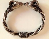 Vintage Double Headed Ram Hinged Bangle Bracelet Sterling Silver