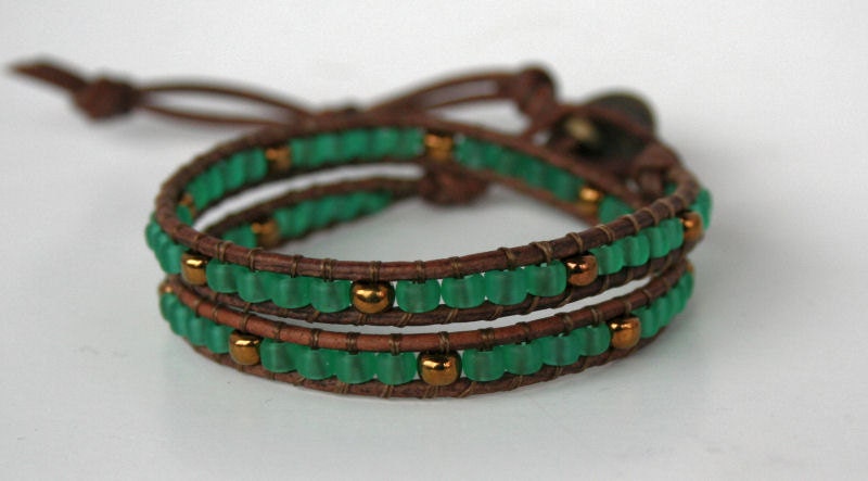 Beaded Leather Double Wrap Bracelet - Frosted Jade Green and Gold