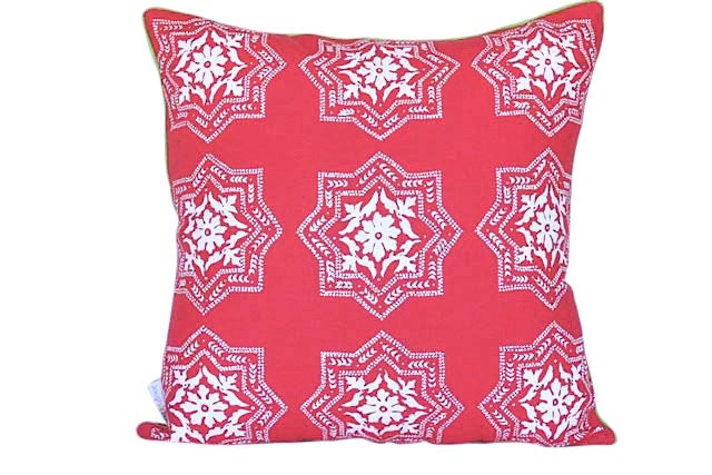 Algarve cushion cover in white ink on watermelon pink linen with green piping 47cmx47cm - AquaDoorDesigns