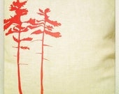linen throw pillow, organic cotton and kapok insert. hand silk screened red pine trees