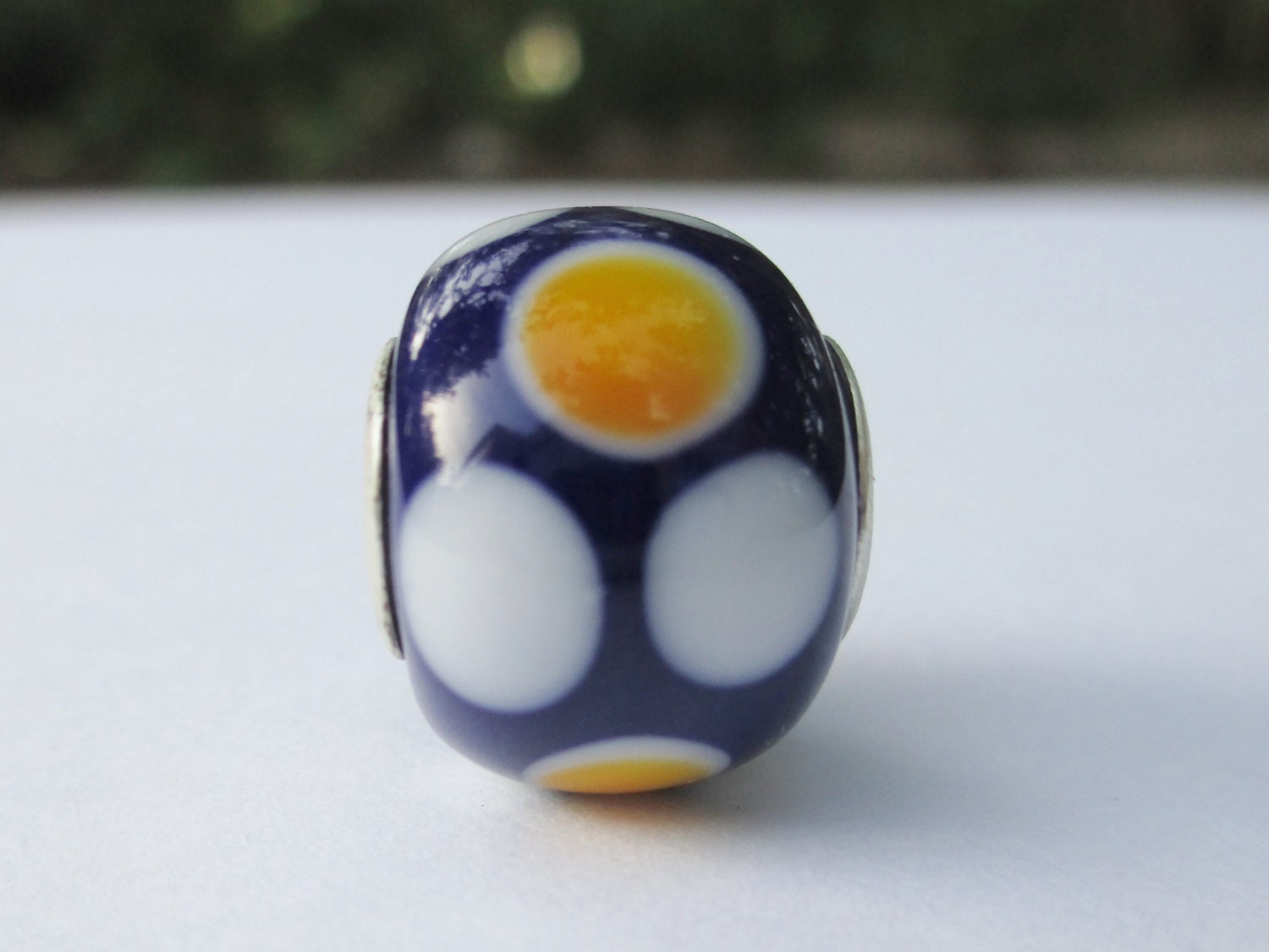 Blue European Charm, Navy Blue Lampwork European Charm, Dark Blue and polka dot bead