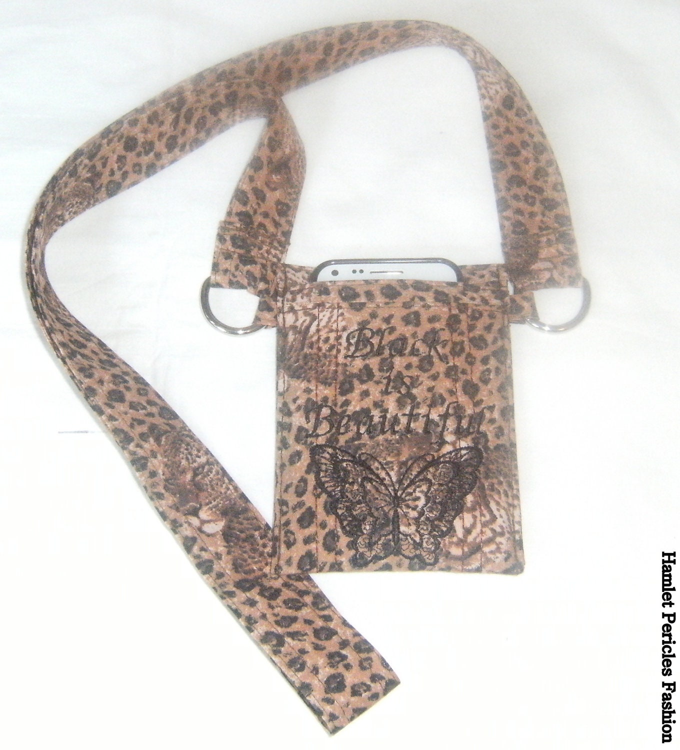 OOAK Black is Beautiful leopard print shoulder strap smartphone pouch w/ butterfly embroidery / suitable for iPODS, etc.