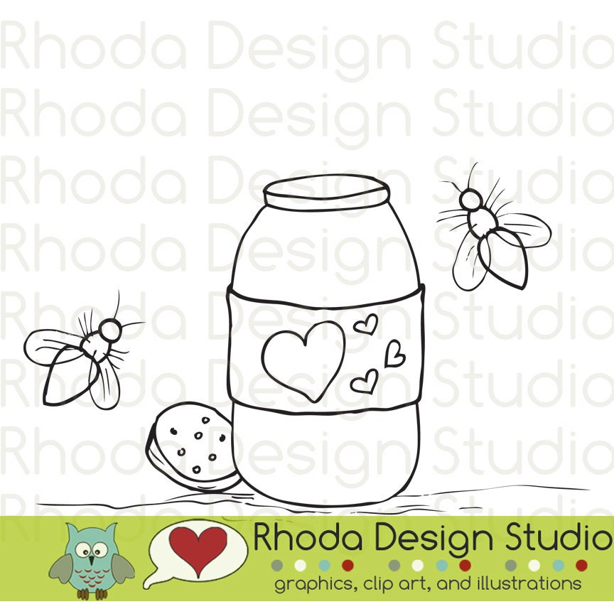 Mason Jar and Fireflies Digital Clip Art Coloring Stamps