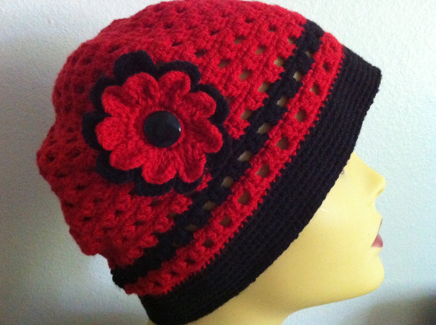 Crochet Summer Women Hat With Flower and Button, Red and Black Hat, Usa Seller