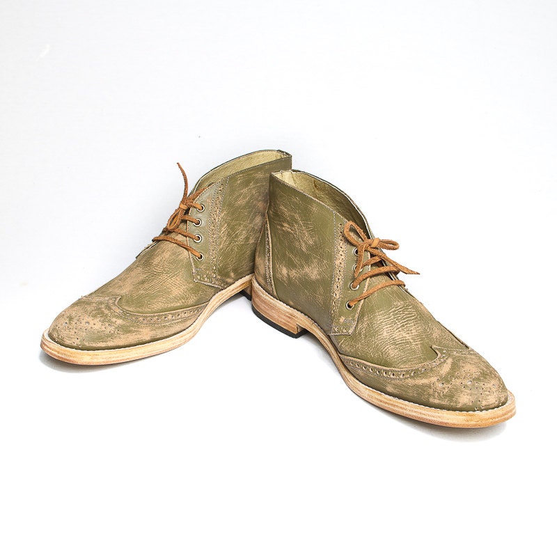 vintage inspired green beat up leather brogues desert boots FREE WORLDWIDE SHIPPING