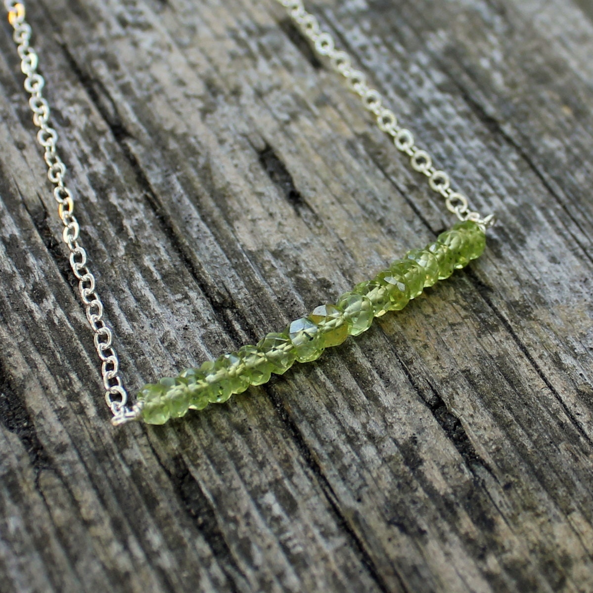 Peridot Row Necklace - Bar of green peridot gemstones in 925 sterling silver