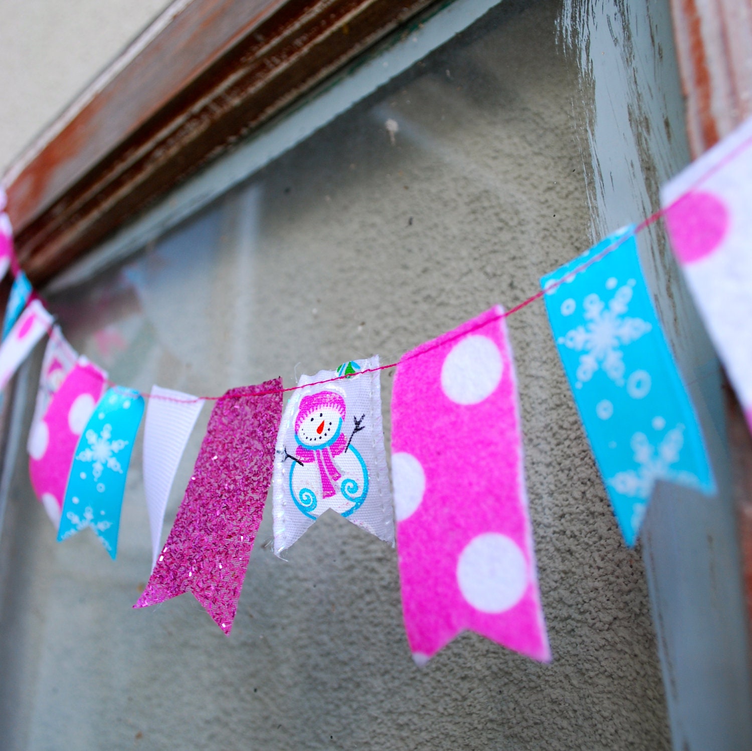 Winter Snowman Banner - Felt and Ribbon Garland in Pinks, Blues, White, Glitter - 3 ft