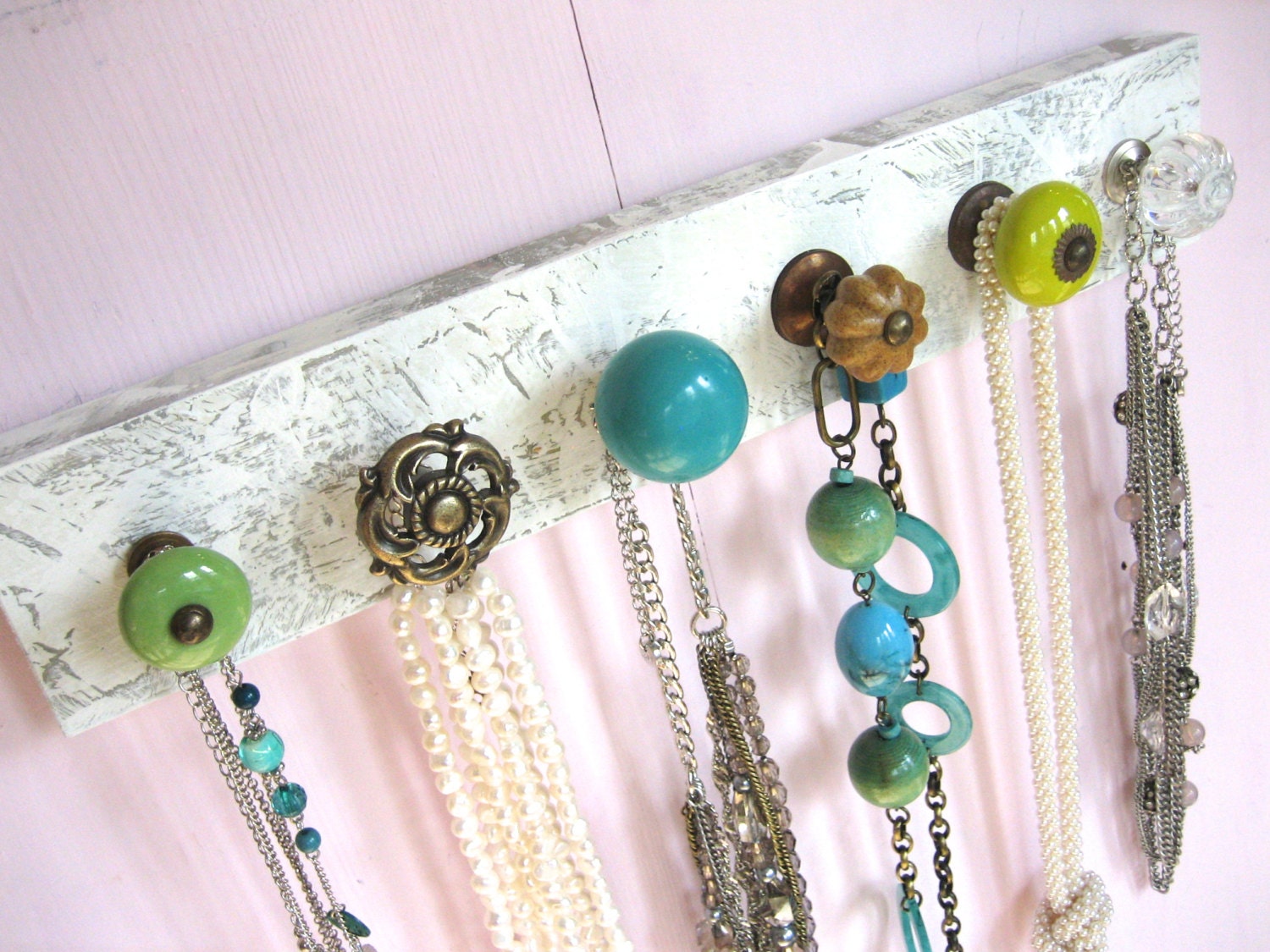 Necklace Holder with Blue and Green Knobs