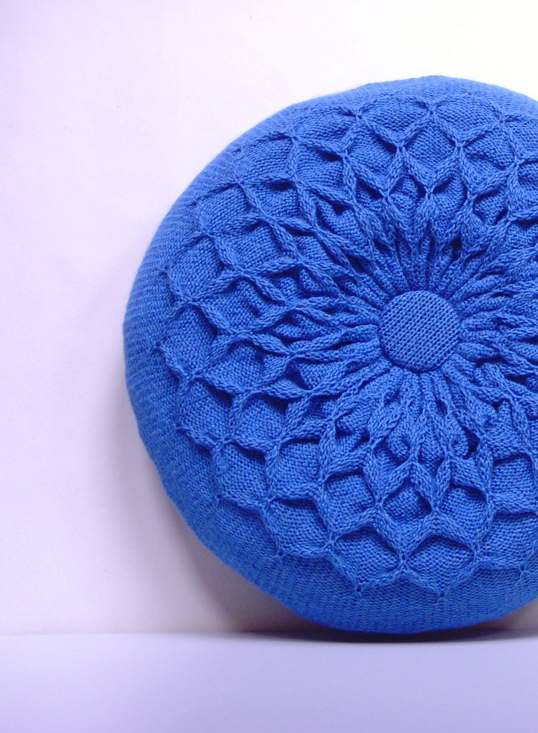 Pillow SALE Blue Knitted Circular Waffle Cushion Bright Blue Pillow Hand Puckered Waffle Design Round Pillow Medium Size