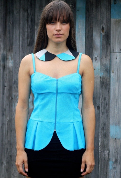 Turquoise Blue Handmade Women Peplum Bustier Top / Corset / Vest with Sweetheart Neckline and Detachable Straps / Size S