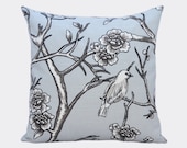Light Gray Decorative Pillow - Bird Pillow, Spring Blossom, Birds, 18 inch Pillow, Pillow Gray, Mustard Yellow, Floral Pillow