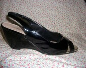Vintage Black Patent Leather Sling Back Shoes w 3" Wedge Heel...size 8.5.....Only 6 USD