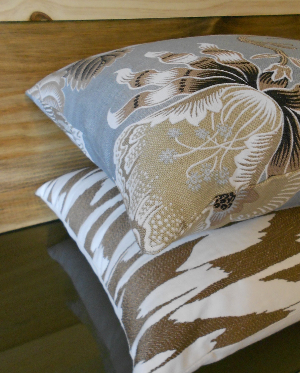 Decorative throw pillow, metallic blue, silver, bronze, gold Hot House Flowers