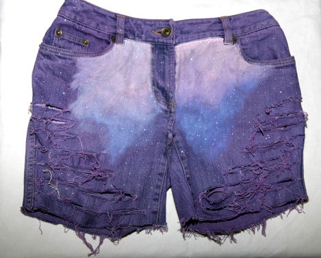 Custom Handpainted Purple Distressed Galaxy Shorts Size 2