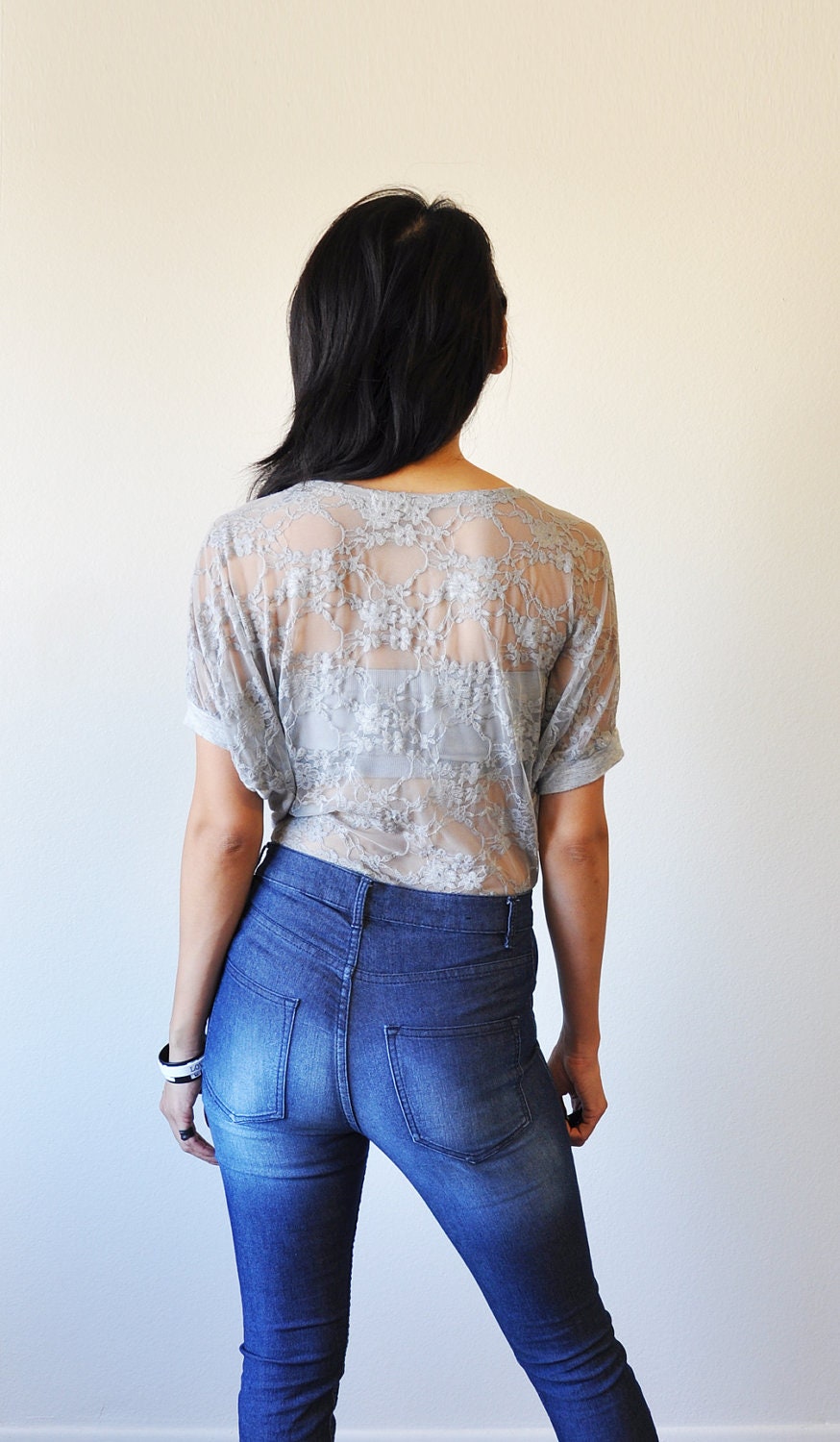 Vegan Clothing : Grey laced back top ( Size S / M )