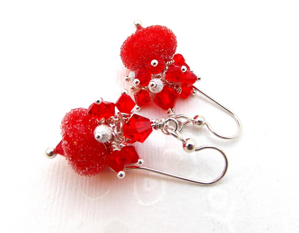 Cluster Earrings Red and Silver Handmade Lampwork Glass &112851910