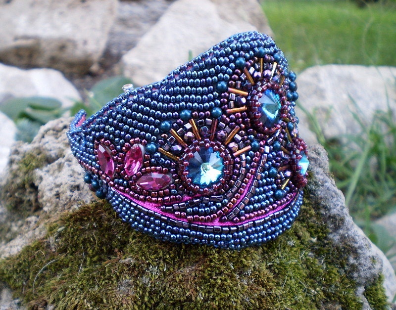Bead Embroidery Bracelet Spring colors  Blue  Vibrant colors Fuchsia  Gold iris