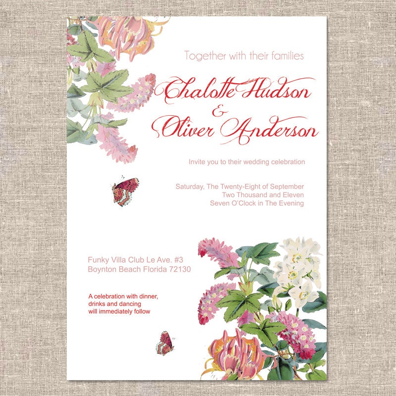 Vintage Flowers and Butterfly Wedding Card Set - Wedding Invitation and Reply Card