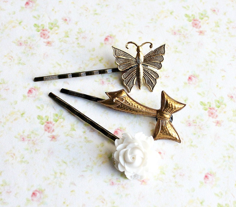 Trio Bobby Pins Set. Hair Accessories.Fall. Fashion. stocking stuffer, Bow. Butterfly. Holiday Sale. White Flower. Hair Clip.