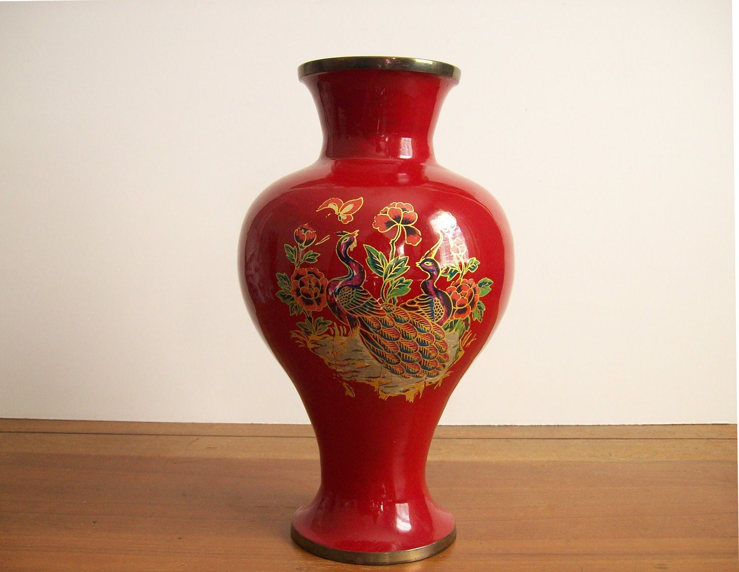 Vintage Red Lacquered Brass Vase, Chinoiserie, Hollywood Regency