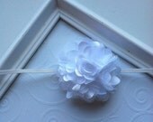White Satin and Tulle Flower attached to a White Skinny Elastic Headband