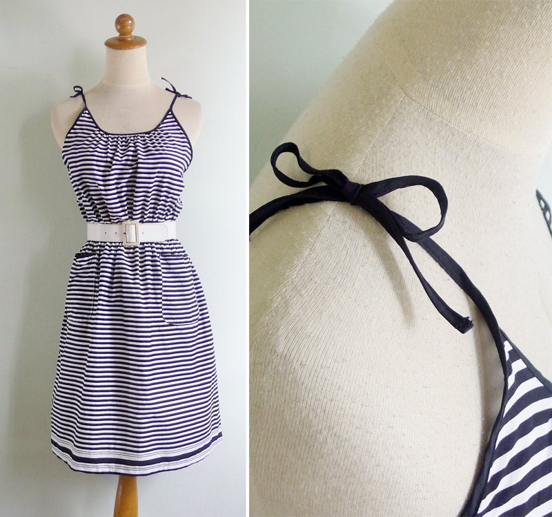 Vintage 80's Black & White Striped Sun Dress S or M