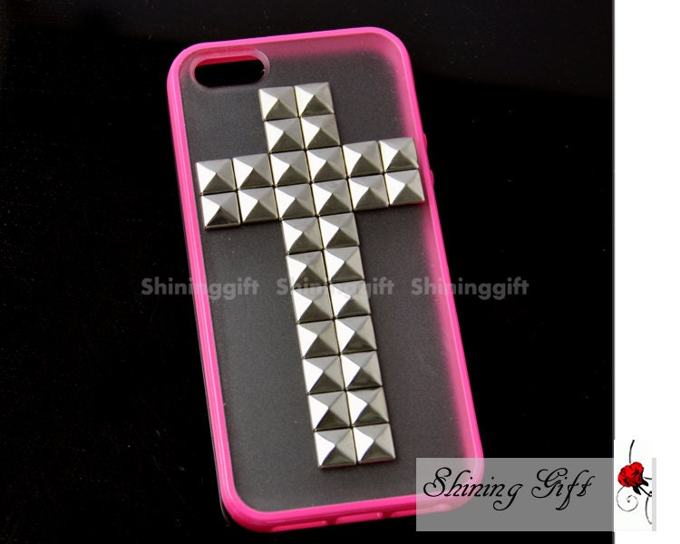 IPhone 5 Case - Cross Silver Studs Hot Pink Frosted Translucent iPhone case,Studded iphone5 case