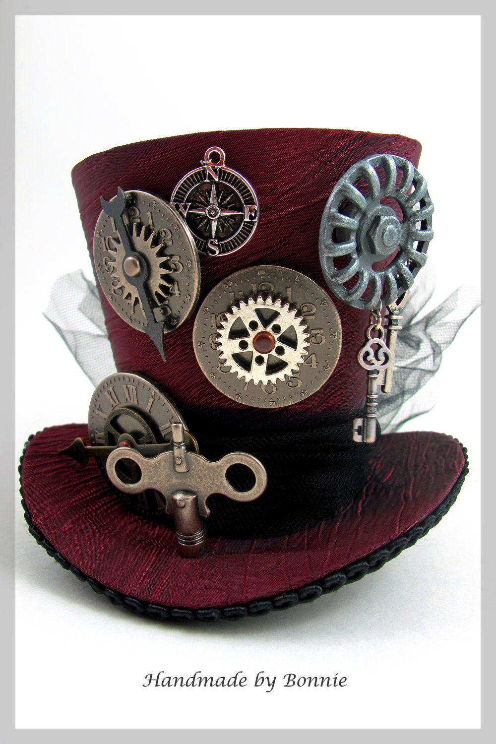 Steampunk Mini Top Hat -  Burgundy with Clock, Gears, Key, Compass