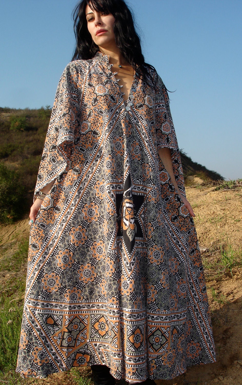 Earthy Colors One of a Kind Vintage Indian Cotton Bohemian Handmade Kaftan